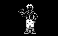 A black and white sprite of Betsy Trombone. They are holding a crow in one palm and have their other hand on hip. The have short fluffy hair and are wearing a leather jacket, baggy pants and doc martens.