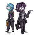 Bottles Šuljak and Espresso "Emmy" Machine dressed in purple tinted suits, carrying briefcases, and probably about to commit some data crimes. Bottles has a purple tie, a gear patch on her sleeve, and a transparent glass briefcase full of coins. Emmy has a crystal ball pin on her lapel.