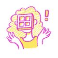 A small digital drawing of Fenestrate, a Middle Eastern person with long curly hair, a window for a face, and a bright yellow tank top. They are holding their hands up in excitement and there is an exclamation mark next to them. The entire drawing has pink lines and yellow shading.