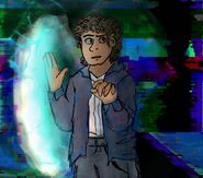 A digital drawing of Arturo Huerta emerging from a portal. Arturo is a Latino man with medium brown skin and a curly brown mullet. He is wearing a blue and red flannel and a sun bleached red and blue jersey. He looks worried, and his eyes are staticky. The background is a glitchy hellscape.