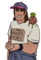 Digital drawing of Engine Eberhardt and Kline Greenlemon. Eberhardt is a middle-aged muscular mixed Japanese-white woman with a mullet, cap, t-shirt with the words trans port, and coveralls tied around her waist. Kline Greenlemon is a tiny person with a lime for a head and wears an oversized Steaks hoodie. Greenlemon sits on Eberhardt's shoulder as Eberhardt grins and gestures with one hand.