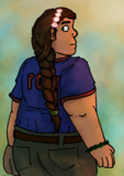 A digital drawing of Summers Pony, a heavyset Mexican-American woman with medium brown skin and dark brown hair in a long braid down her back. She has a glowing purple horsemint flower tucked behind her ear, and a green friendship bracelet on. She is looking over her shoulder worriedly. She is wearing a blue and red Garages uniform.