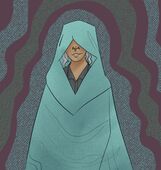 A digital drawing of Paula Reddick. Shi is wearing a pale blue burial shroud which partially obscures hir face. Shi has medium brown skin and gray hair. Shi is smiling.