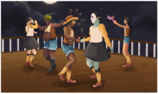 A digital illustration of Sunbeams players Donia Bailey, Kaj Statter Jr., Lars Taylor, Joe Voorhees, Phineas Wormthrice, and Nagomi Nava square dancing on the deck of Kaj's ship. They are all similarly dressed in white shirts or crop-tops, leather vests, black skirts or jorts, and matching cowboy boots. In addition to this, Donia is wearing a black bandanna, Lars a cowboy hat, and Joe his signature hockey mask. Donia is partnered with Kaj, Lars with Joe, and Nagomi with Finny, whom she is tossing up into the air.