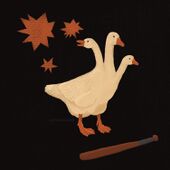 A digital illustration of Sutton Bishop, a three headed white goose standing in front of a blaseball bat.