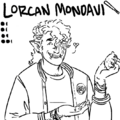An uncolored bust drawing of Lorcan Mondavi, a gangly Greek frat boy in his early 20s with a curly mullet and a long thin nose. he is a weredog and has claws, pointed ears, and a wide mouth of sharp teeth. he wears a varsity jacket and grins as he holds up a lemon.