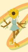 A digital drawing of Zack Sanders. She's a dark skinned woman with a sunflower for a head and 4 arms. She's wearing a light blue skater dress over a white t-shirt, and orange rollerskates with yellow wheels along with white crew-cut socks. In one of her right hands she's holding an orange drink with a straw. The background is pale yellow with a row of faded blue, green, dark yellow, and orange stripes cutting across.