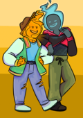 A digital drawing of Miguel James and Iggy Delacruz. Miguel is a person entirely on fire, wearing ripped jeans, a green varsity jacket, and a hat. Iggy is a fire elemental that is leaning their arm on Miguel's shoulder. They are wearing a crop-top pink-and-black hoodie over a black mesh shirt, and green sweats.