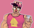A digital drawing of Stijn, a muscular four-armed Japanese man with rectangular glasses. He is wearing a bright pink tank top with a yellow upwards arrow and a pink blaseball cap, and holds up a glass of water to the viewer with a friendly wink. The background is pink.