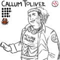 An uncolored drawing of Callum Toliver with aer team, stats, and position displayed above. Callum is a fat carcinized transmasc person wearing an open trench coat over a crop top reading, "#1 SUPER VILLAIN!" He has a side shave and long curly hair in a high pony tail, and wears a pair of goggles around his neck. His belly is covered in horseshoe crab gills, and he grins a maniacal grin as he looks at the viewer.