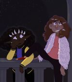 A drawing of two characters from Blaseball. On the left is Jayden Wright of the Hellmouth Sunbeams and on the right is Gita Sparrow of the Chicago Firefighters. Jayden is a dark skinned woman with natural afro-textured hair, pointy ears, six bone spikes poking out of her forehead and ears to look like earrings. She is wearing a black and yellow jacket with a purple shirt. Gita is a light brown skinned woman with wavy reddish brown hair and a red and yellow metal leg. She is wearing an orange shirt and a jacket made of white bird feathers. Gita is sitting on the railing of what seems to be a castle balcony. Jayden is leaning on the railing looking up at Gita while Gita looks up at the sky.