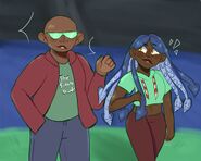 A drawing of Dickerson Morse and PolkaDot Patterson. Dickerson is on the left. He is a Black person with light brown skin. He is taller than Dot and wearing mint green sunglasses, a red sweatshirt, and a green shirt that just says "\"The Breath Mints\" on it. Dot is on the right. They are a Black person with medium dark brown skin, long blue tentacles as hair, and yellow eyes with two pupils. Dot is wearing a mint green crop top hoodie with red and white striped draw strings and red leggings. They are in The Meadow, the Mint's Blaseball stadium, and talking to each other on the field.
