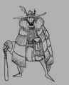A black and white drawing depicting Elwin as a very large figure wearing a open long, well-insulated, fluffy coat that looks like it's been used a lot. It has a wide-brimmed tattered hat with two antennae (one broken) sticking out through holes in the top, a tattered skirt going over wideset short legs, a belt with a large bag poking out from under the coat, and a patterned woven shirt. its arms are long and nearly reach the ground, and one bends at its elbow to hold the handle of a blaseball bat which is resting on the ground. What appears to be its head is blank and white, with a few lines and two eye holes. However, below that, where its neck should be, is a hollow space with two glowing eyes peering out. Elwin is implied to be a smaller creature piloting the carapace from a dead larger creature from the inside.