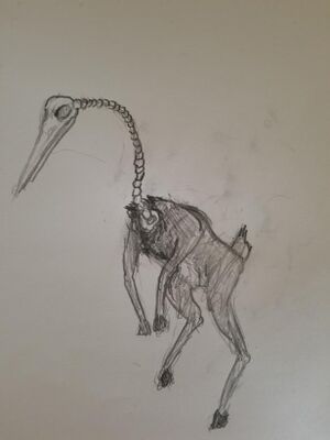 Low-quality photo of a scratchy, sketched out creature with the body of a deer standing on it hind legs, with a large bird skeleton, complete with a long spinal cord, in place of a Deer's head and neck.