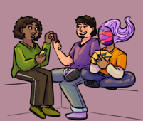 A digital drawing of Guy Gulp, Lenjamin Zhuge, and Borg Ruiz playing cards together. Guy Gulp has brown skin, short afro-textured hair and is wearing a green jumper, olive green pants, and green shoes, taking a card from Lenji. Lenji is a Chinese person with dark hair and a goatee, wearing a purple shirt, jeans, and purple shoes. Borg Ruiz has floating bright purple hair and a multi-coloured crystal mask covering Bo's face. Bo is cross-legged holding yellow and black cards.