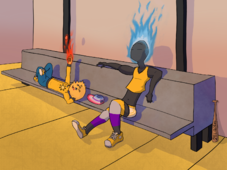 A drawing of Iggy Delacruz relaxing on a concrete bench. They're wearing a yellow crop-top and Sunbeams pinstripe shorts, over the knee socks with stripes in the colors of the nonbinary flag, and yellow sneakers with smiling suns on the inner ankle. They have one arm stretched out on the back of the bench and their eyes are closed. On the bench next to them is Miguel James, who is lying on his back, tossing a blaseball into the air with one hand. He's wearing a yellow zip-up jacket, blue jeans, and the same yellow sneakers with suns as Iggy. On the bench next to her head is a striped hat in the colors of the bigender flag.