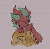A digital drawing of Randy Weed, a demon with green hair wearing a yellow shirt.
