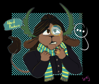 A digital drawing of Nerd Pacheco. Nerd has light brown skin, bovine ears, dark brown locs, green antlers, and a lion-like tail. They are wearing a jacket, a gold wedding ring, and a blue and yellow scarf. The background is small teal circles on black backing.