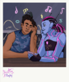 A fully colored digital drawing of Grollis Zephyr and Domino Bootleg sitting at a table together listening to music. They lean toward each other, and each holds a single earbud to their ear.