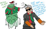 A digital drawing of a large bug standing upright next to an awkward looking man in a suit. The man is wearing orange arm warmers over his forearms, along with black sunglasses and an in-ear audio device. The bug is wearing a Kansas City Breath Mints Jersey. Text reads: from the bug: “Hey, nice hit, man! What!” And from Jon, the man: “Huh? What? Wh—where did you get that idea? Huh? What are you talking about? A hitman, that’s ridiculous.”