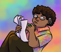 A digital drawing of Guy Gulp. Guy is a person with short afro-textured hair, brown skin, glasses, and a hearing aid in his left ear. He is dressed in a bright multicolored collared shirt and brown pants, and is holding a sheet of paper in one hand and a pencil in the other. He's blushing slightly.