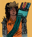 A digital drawing of Fran Beans, a mixed Vietnamese-Mexican person with dark curly long hair and brown skin. Her hair is in a ponytail and she has on a cowboy hat. She has a big golf bag full of swords over her shoulder and her arms are two prosthetics. She wears an orange Wild Wings jersey.