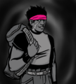 A digital greyscale drawing of Gerund Pantheocide, a muscular dark-skinned person with short fluffly black hair, a hot pink bandanna pulled down low over her brow, a nose ring, and a big scar on her face. She is smiling at the viewer as she holds a duffelbag over one shoulder, getting ready to depart.