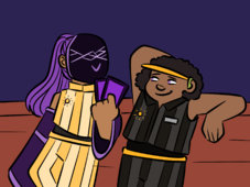 A digital drawing of Borg Ruiz and Guy Gulp. Borg is a person with brown skin, long purple hair tied into a ponytail, and a black mask with a smiling face projected onto it. Bo is wearing a yellow striped Sunbeams uniform with additional purple sleeves attached to the otherwise sleeveless top. Bo is showing off tarot cards to Guy, an individual with afro-textured hair, brown skin, and a hearing aid in zir left ear. Guy is wearing a Sunbeams Shadows uniform with a nametag pinned to the front, and a yellow visor.