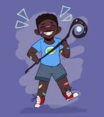 A drawing of Zippy DeShields, a young Black person with medium-dark brown skin and afro-textured hair in a flattop. They are wearing a blue T-shirt with the picture of a turtle on it and shorts and are covered in neon, rainbow colored band-aids. They are smiling with their eyes closed holding a long, wooden magical staff with a orb floating in the middle.