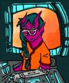 A digitally colored drawing of Zion Aliciakeyes, a Chinese woman who is also an imp. She has bright pink skin and horns, and she is wearing a pair of white glasses and has dark teal hair. She has on an orange Tigers jersey and is sitting in the cockpit of a mech, which is in mostly teal and grey-teal with bright turquoise accents for the buttons. Behind her is a blurry, vaguely fiery scape.