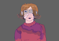 A colored digital drawing of Cara, a middle aged white woman with red chin-length hair that flares out at the ends, a red turtleneck sweater, a thin frown, and a large scar across her face. One eye is covered by a lock of hair, and her visible eye is shadowed with exhaustion.
