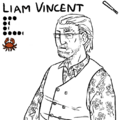 An uncolored line drawing of Liam Vincent with his team, stats, and position displayed above. Liam is a middle aged white lightly carcinized man with chin-length hair neatly swept back behind his ears. He wears a rectangular glasses and a waistcoat over a floral buttonup, and raises one thin eyebrow at the viewer with an unsmiling expression.