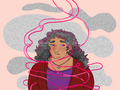 A digital drawing of Penelope Video, a fat Latina woman with medium brown skin and curly hair with the texture of static. She is encircled by pink Microphone wires. Her eyes are the color of TV colorbars.