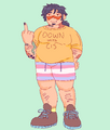 A full body drawing of Tillman Henderson from Blaseball flipping off the viewer. He is a fat man with burn scars on his body and carcinization scars on his face. He is wearing trans pride flag shorts and a shirt that reads "down with cis."