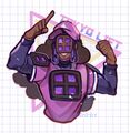 A digital drawing of a bust of Yusef Fenestrate, a black person with long curly hair reaching past their shoulderblades. They have windows on their shoulders, chest, and the upper part of their face above their mouth, which show a pink and purple universe beyond. They are wearing a pink Lift blaseball cap and jersey with a deep purple long-sleeve undershirt, and are flexing happily in frong of a geometric vaporwave-style background.