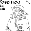 An uncolored Robby Hicks, a thin genderfluid Salvadoran lesbian in their late 20s with a coyote skull obscuring the upper portion of their face. canid teeth float around their head. they have long hair, and wear a newsboy cap and a t-shirt reading, i am an uncle against gamers.
