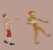A digital drawing where Edric Tosser and Kennedy Rodgers are standing together on the left, both wearing the Chicago Firefighter’s blaseball uniform. Edric has let go of Kennedy and has a look of surprise on his face. Kennedy has shot forward on his heelys and is a messy blur of motion, as he almost falls over due to the heelies built into their feet. /end image description