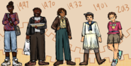 a fully colored digital drawing of several players lined up next to each other in a row. from left to right: niq nyong'o, a black woman from 1997 with a bun, glasses, cropped pants, and a colorful sweater. frankie hambone, a black man from 1970 with a beard, flannel shirt, and a tray of food. neerie mccloud, a woman from 1932 with light brown skin, short hair, high waisted pants, and a leather jacket. ankle halifax, a white child from 1901 wearing a sailor's uniform and frowning. ankle halifax again, but this time from 2013, wearing shorts and a bright pink shirt with a logo, this time grinning.