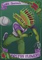 A tlopps card with a green background, and purple banners at the top and bottom reading 'Gloria Bugsnax' and 'Boston Flowers' respectively. In the top right and bottom left corners there are venus flytraps. In this sentence is Gloria, throwing a ball towards the viewer. Xe has green skin, and two venus flytraps for a head. Xe is wearing the Boston Flowers uniform - a pale purple top with darker purple sleeves, green trousers, and purple shoes with a white sole.