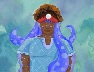 A drawing of Polkadot Patterson from Blaseball in casual clothing. They are a Black person with squid features, including tentacle hair, fin ears, and multicolored skin markings. Above their tentacles their regular hair is styled in an afro and they are wearing a headwrap featuring an Orb design.