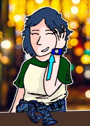 A digital drawing of the Emblem Warhorse Patron Myna Risset, a woman with blue hair, pale skin, and a blue arrow on her right arm. She is smiling with her eyes closed and hanging out at a bar.