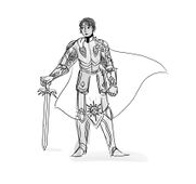 A digital drawing of Jayden Wright, a short-haired woman in a full set of armor complete with a cape and embellished with sun designs and emblems. Her right hand is resting on the hilt of a sword.