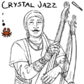 An uncolored line drawing of Crystal Jazz with her team, stats, and position displayed above. Crystal Jazz is a black Muslim woman with a hair wrap covering her ears, and a t-shirt over a long-sleeved turtleneck. She wears a single knit fingerless glove and an assortment of bracelets and necklaces, and wears subtle glam rock-inspired makeup. She smiles a good-natured smile as she rests her arms around a large double double bass made of a giant fiddler crab claw.