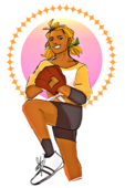 A digital drawing of Sunbeams player Zack Sanders. Zack is an individual with tan skin and sunflower petals for hair, which are tied back into two low pigtails. They are wearing a yellow-and-white raglan crop-top and black shorts. They have a glove over their left hand, and one leg raised, ready to pitch.