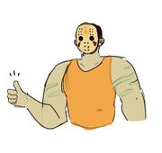 A digital sketch of Joe Voorhees. Joe is wearing a yellow-orange tank top and his signature hockey mask that has a sun emblem in the center of the forehead. He is giving a thumbs up.