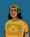 A digital drawing of Aly Leaf, a hispanic woman with shoulder-length wavy hair held back by a green bandanna. She has round glasses, heavy peanut scarring along her cheeks, brow, and arms, and is wearing a bootleg yellow t-shirt with the misspelled "bowzer" on the front. She smiles a tired close-mouthed smile as she looks to one side.