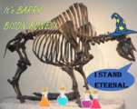 A photo of a bison skeleton, edited to be wearing a clipart wizard hat and standing over clipart potion bottles. Text reads "It's Barry Bison Bones!" in yellow letters. A blue speech bubble shows Barry saying "I Stand Eternal."