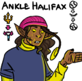 A digital drawing of Halifax, a person with an anglerfish lure, sharp teeth, and glowing yellow eyes. They are wearing a pink beanie over long wavy dark hair, as well as a yellow turtleneck under an oversized blue t-shirt. Yellow light shines out from cracks in their face.