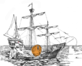 A spanish galleon with a blaseball glove and a small lesbian pride button on the hull.png