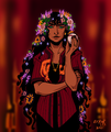 A digital illustration of Persephone, depicted as a woman with brown skin and curly black hair covered in flowers. She wears a Tigers jersey and a necklace with three rings, and holds a ball in her left hand.